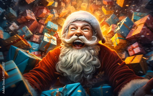Jolly Santa Claus Overflowing with Joy Amidst a Sea of Colorful Wrapped Christmas Gifts, Bringing the Festive Spirit of Giving.