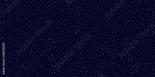 Vector seamless pattern with small hand drawn golden chaotic dots, spots on black background. Trendy abstract minimalist luxury gold spotted texture. Abstract spray grunge texture. Night sky pattern