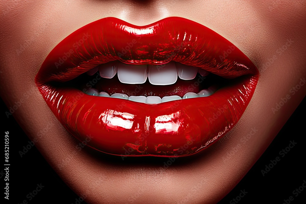 Fototapeta premium Passionate pout. Detailed close up of attractive lips enhanced with vibrant red lipstick achieving luxurious and glamorous appearance