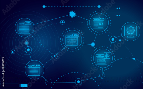 Website developer futuristic concept. technology website builder digital marketing. CMS, HTML, ADS, icon. navy blue light galaxy color gradient. Vector illustration. Eps10