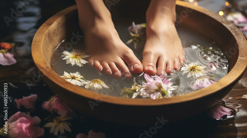 Woman soaking her feet in bowl with water stones © Asad