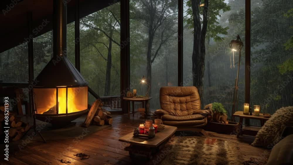 Animated virtual backgrounds, cozy lofi living room  with fireplace with forest view from window ai generated
