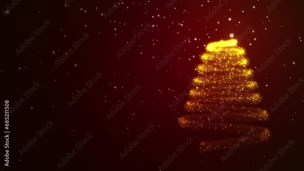 Glowing gold Christmas tree animation with particles lights snowflakes and stars on a red and pink background. Glowing particles with trail forming christmas tree 4K. Holiday concept and background 4k