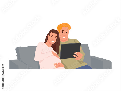 Husband and wife are meeting with their family online. Pregnant woman talks online with her distant family.