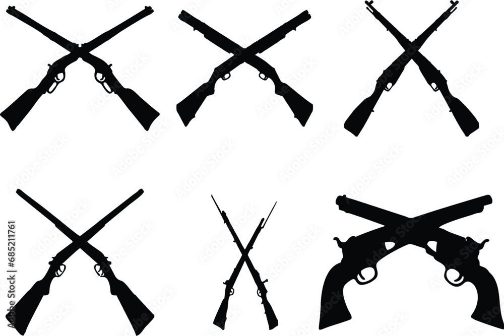 Crossed guns and Pistols Evolution Silhouettes in editable vector. Easy to change color or manipulate. eps 10. - obrazy, fototapety, plakaty 