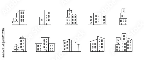 Buildings line icon set. Bank, school, courthouse, university, library. Architecture public infrastructure. City, real estate, home, house, palace, resort, apartment line icons set, editable stroke photo