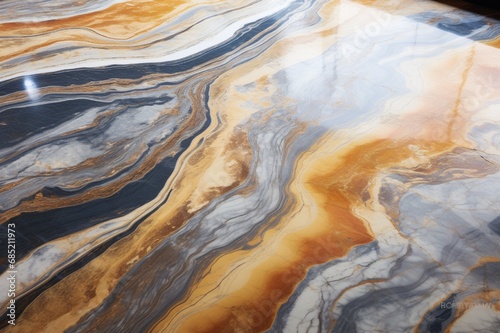 Close-up of a marble floor featuring intricate marbling that resembles natural landscapes.