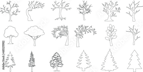 Illustration Vectorielle de Collection d’Arbres Dessinés à la Main: Collection unique, détaillée et diversifiée d’arbres dessinés à la main en format vectoriel. Parfait pour les designs à thème nature