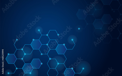 Blue background gradient. Abstract technology with hexagonal molecule background. Scientific, chemistry and medical innovation concept background. Genetic and chemical system. Vector illustration