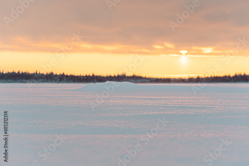 Konstfotografi Landscape with winter golden sunset and snow