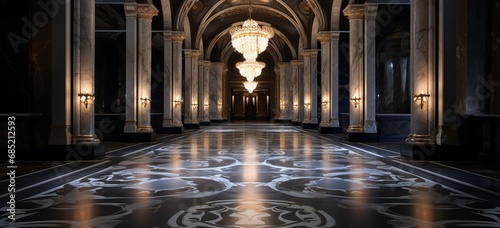 Dramatic lighting emphasizing the depth and beauty of an intricately patterned marble floor