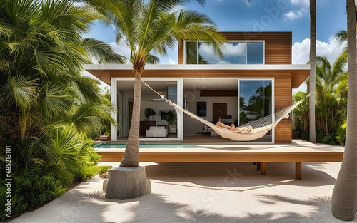 A beach house with a hammock and palm trees in the backyard. © IBRAHEEM'S AI