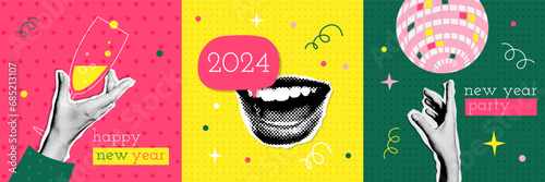 Happy new 2024 year party cards set in halftone design with yelling mouth and hands holding champagne and mirror ball. Colorful paper collage style illustrations. Vector template for poster, banner photo