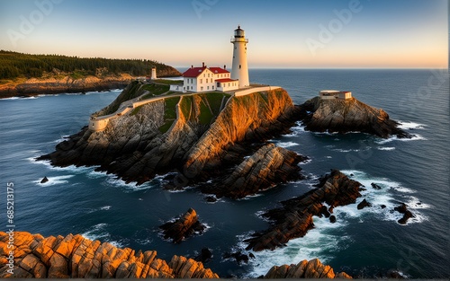A historic lighthouse on a rocky coastline.