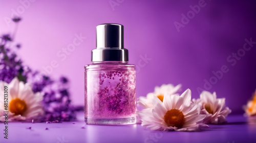 Eleganza Profumata- Bottiglia di Cosmetici con Fiori su Base Viola photo