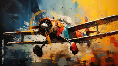 Painting of biplane air battle showing the texture of thick oil paint strokes on the rustic canvas