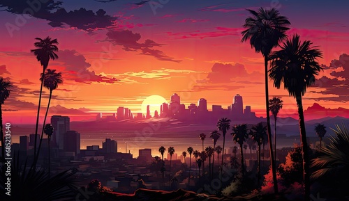 the landscape in los angeles has palm trees on it, in the style of bold graphic comic book art