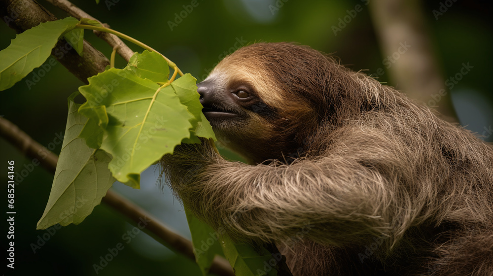 Fototapeta premium Sloth in Natural Habitat Munching on Green Leaves Close Up Wildlife 