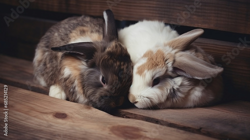 Two Adorable Lop Eared Rabbits Snuggling on Wooden Surface Cute Animal Friends Bonding Indoor Pet 