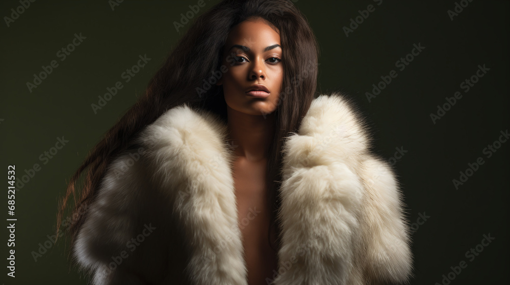 Elegant Woman with Luxurious Fur Coat Fashion Portrait on Olive Green Background Elegant Woman with Luxurious Fur Coat Fashion Portrait on Olive Green Background