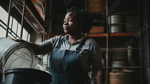 African American Woman Working in Industrial Brewery Environment