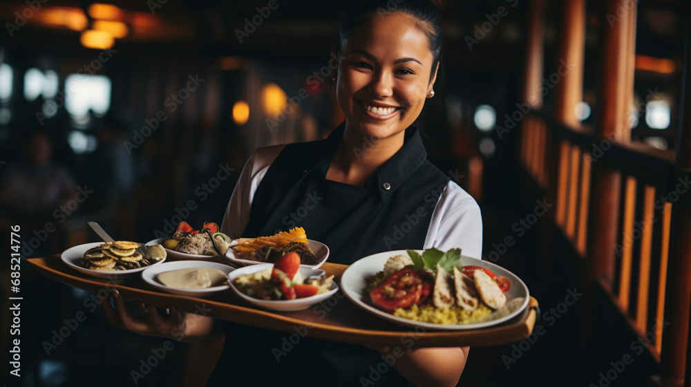 Smiling Waitress Serving Delicious Gourmet Meals in a Cozy Restaurant Setting