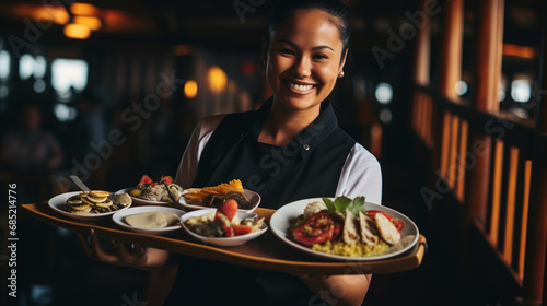 Smiling Waitress Serving Delicious Gourmet Meals in a Cozy Restaurant Setting