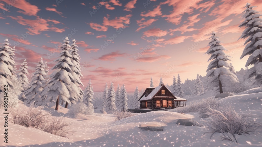 A cozy cabin in a snow-covered landscape  AI generated illustration