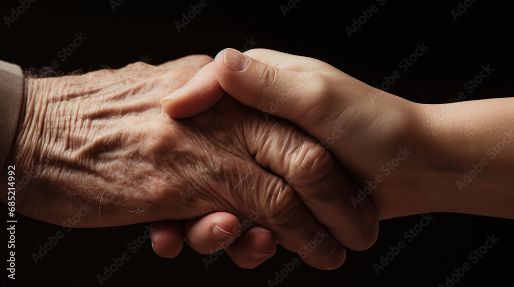 Fototapeta premium Elderly Hand Holding Young Hand in Solidarity and Support Against Dark Background