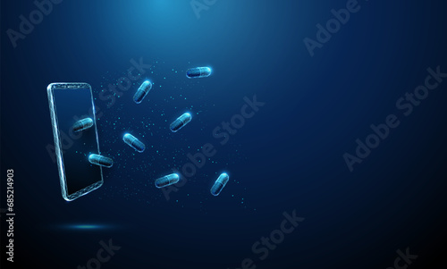 Abstract blue medical capsule flying from smartphone. Medicine delivery, tracking concept. Low poly style