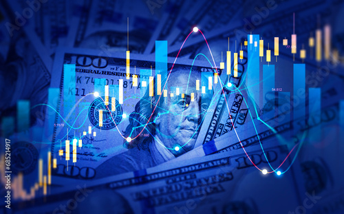 Dollars banknotes with stock market chart graph for currency exchange and global trade forex concept. Stock market and business investment. 