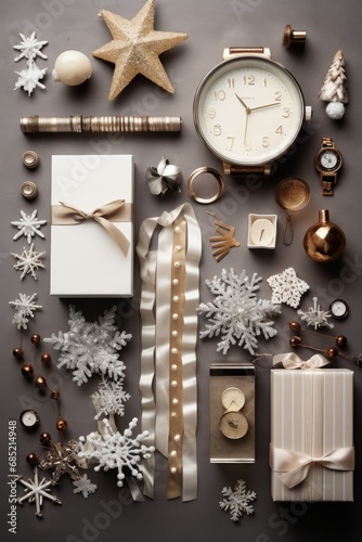 A Christmas setup presented in a flat lay with various holiday trinkets arranged against a neutral backdrop AI generated illustration