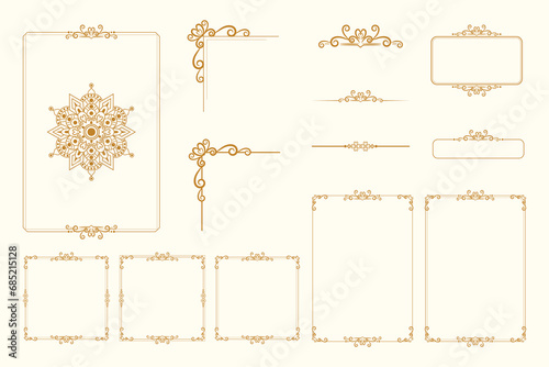 Set Of Golden Vintage ornament with border, frame, crown, ornate,  mandala and luxury elements, suitable for vintage design or wedding invitation card
