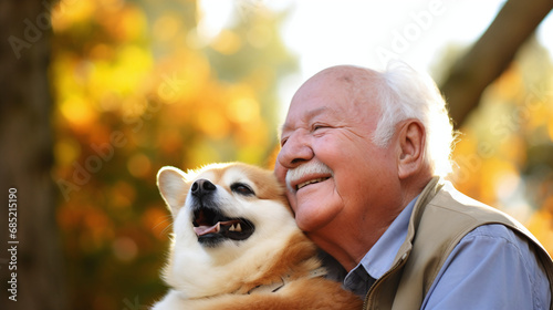 Joyful Elderly Man Embracing Loyal Corgi Dog in Sunny Autumn Park Setting