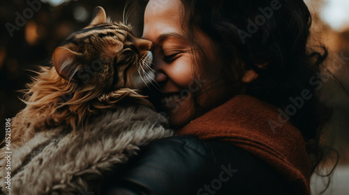 Woman Sharing a Warm Embrace With Affectionate Tabby Cat Outdoors in Autumn Light photo