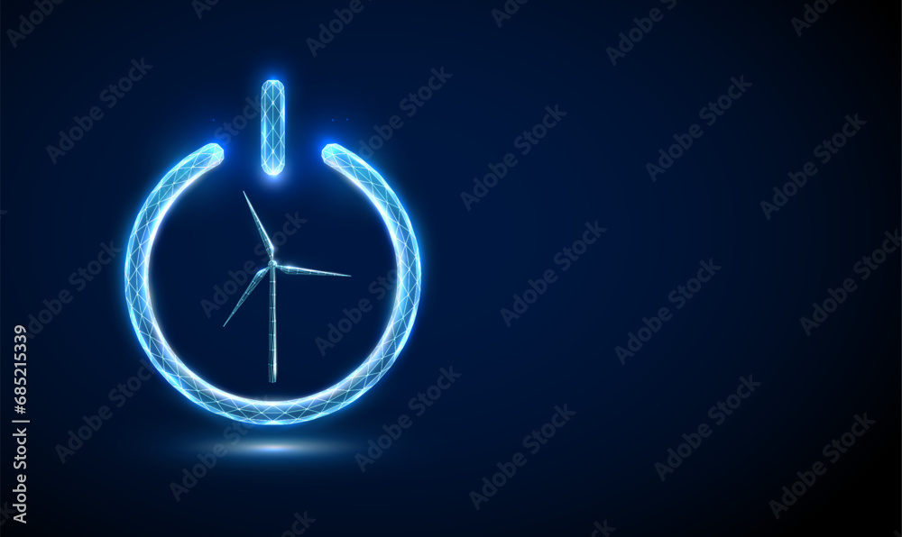 Abstract blue wind turbine in power button. Alternative renewable power generation. Green energy concept Low poly style Abstract blue wind turbine in power button. Alternative renewable power generation. Green energy concept Low poly style