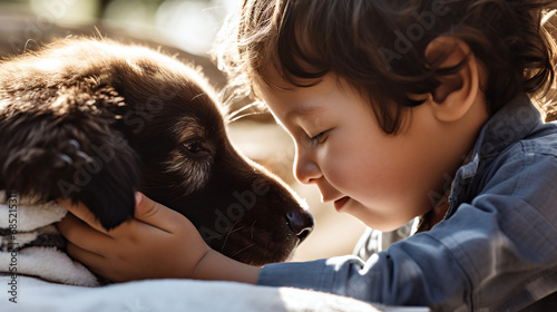 Loving Boy Close Up with Adorable Puppy in Sunlit Garden