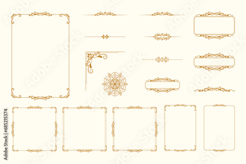 Set Of Golden Vintage ornament with border, frame, crown, ornate,  mandala and luxury elements, suitable for vintage design or wedding invitation card
