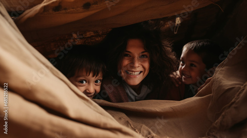 Happy Family Playing Together Inside Homemade Fort Smiling Mother Embracing Children in Cozy Blanket Hideaway Warm Indoor Fun Activity with Kids