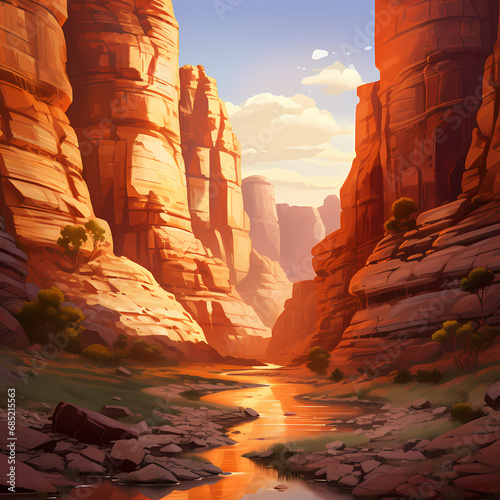 a calming canyon scene with warm hues and gentle shadows