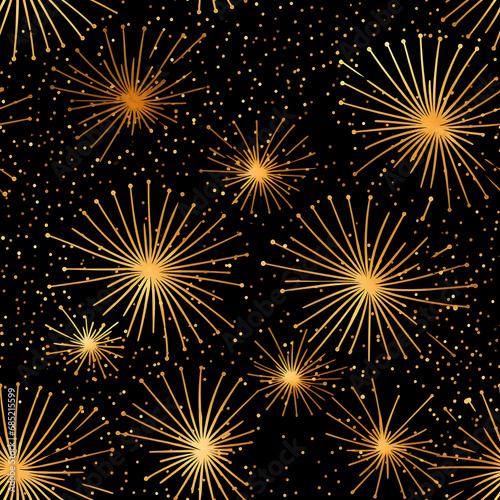 Fireworks Seamless Pattern - New Year Black and gold glitter pattern - Golden glitter fireworks illustration
