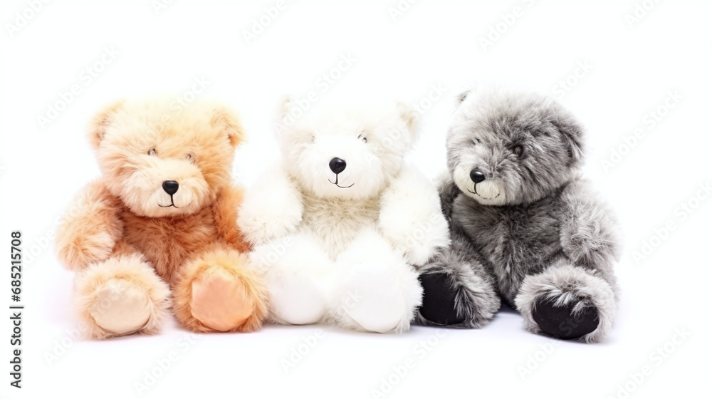 Three Fluffy Teddy Bears Plush Toys Sitting Together on White Background