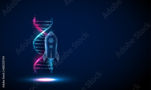 Abstract flying rocket and blue and purple 3d DNA molecule helix. Biotechnology engineering concept. Low poly style.