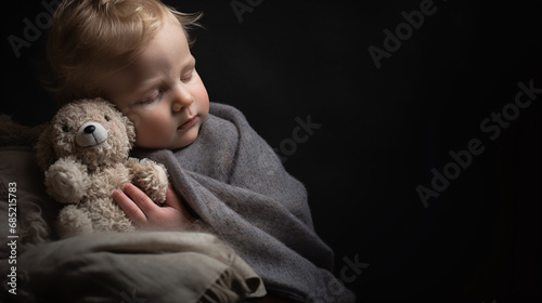 Peaceful Sleeping Toddler Embracing Plush Teddy Bear with Gentle Light on Dark Background