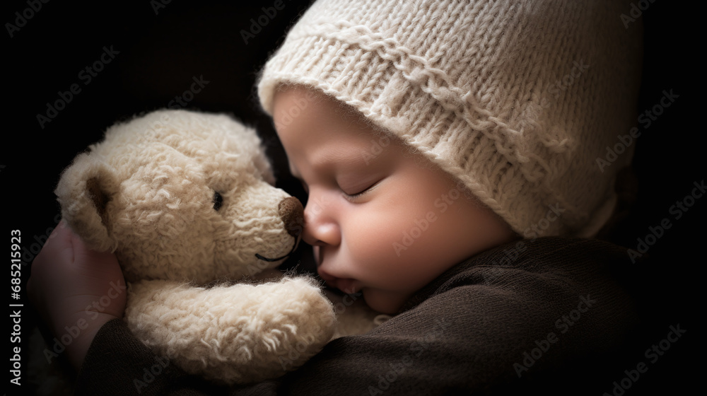 Sleeping Baby in Knit Hat Cuddling Soft Teddy Bear on Black Background Sleeping Baby in Knit Hat Cuddling Soft Teddy Bear on Black Background