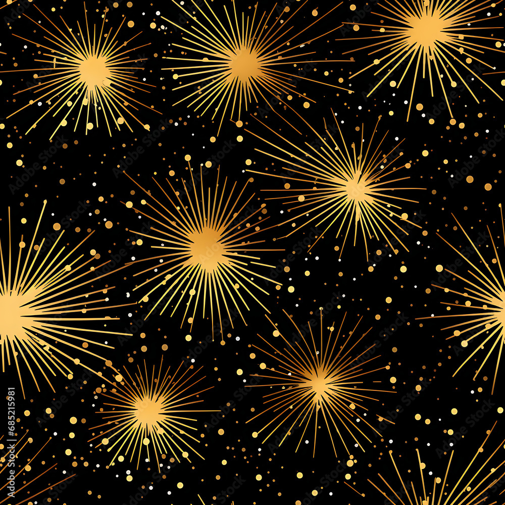 Fototapeta premium Fireworks Seamless Pattern - New Year Black and gold glitter pattern - Golden glitter fireworks illustration