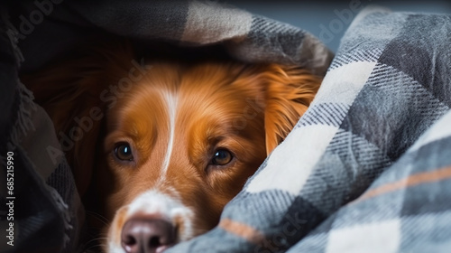 Cute Ginger Dog Peeking Out from Cozy Plaid Blanket Closeup  photo