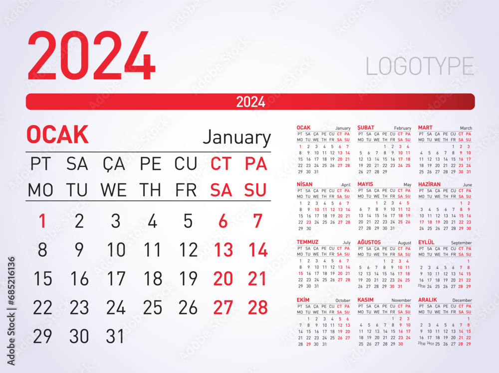 2024 Yili Türkçe Takvim. Translation Turkish calendar 2024 year. Stock