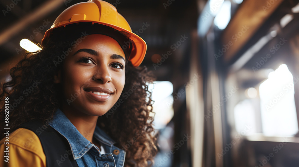 Smiling Female Engineer with Yellow Hard Hat in Industrial Environment Looking Confident and Optimistic