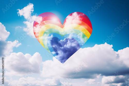 Rainbow colorful heart or love figure shape in blue sky and white nature clouds with valentine day background.